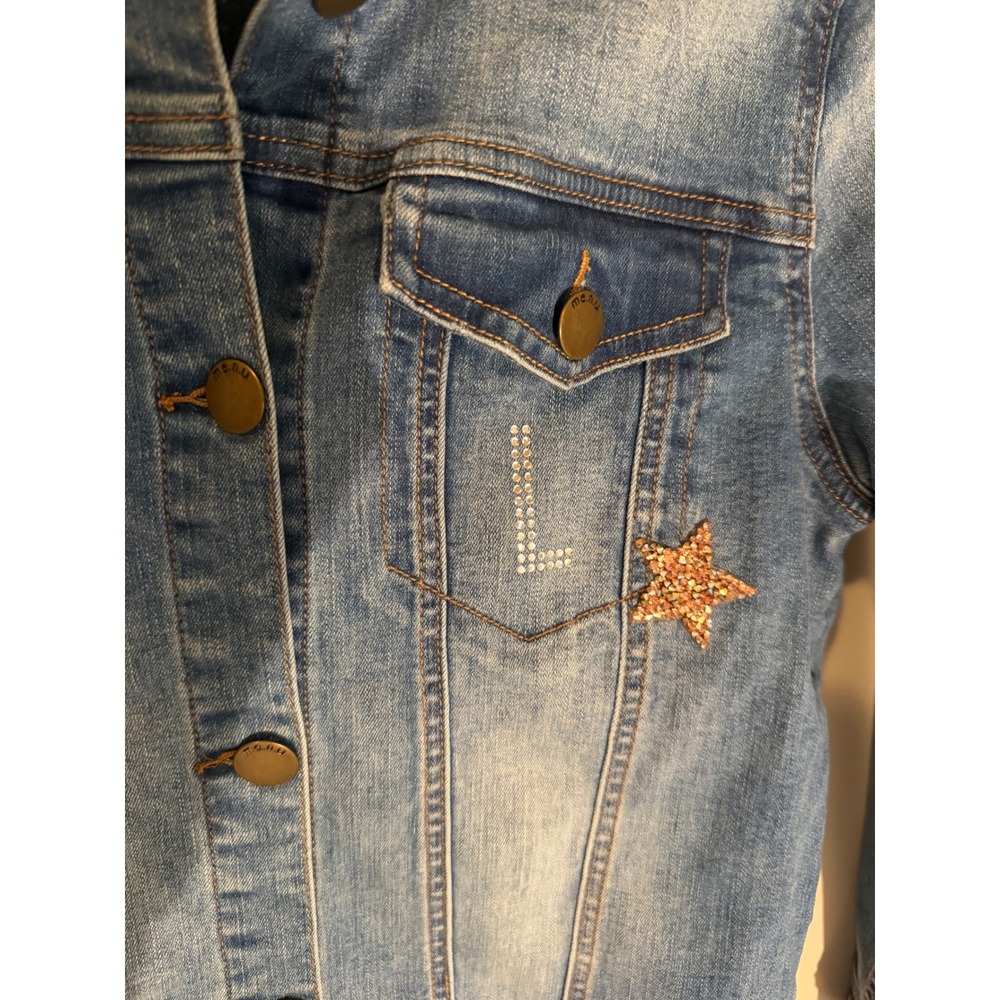ME.N.U Denim Jacket Medium Wash Rhinestone Heart Star Slim Fit Womens Size M - Picture 4 of 8